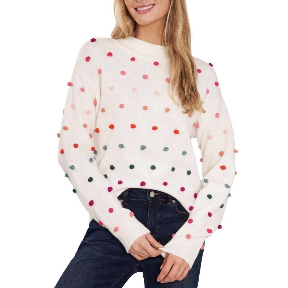 CeCe Womens Pom Pom Ribbed Trim Pullover Sweater, Multicoloured, Small